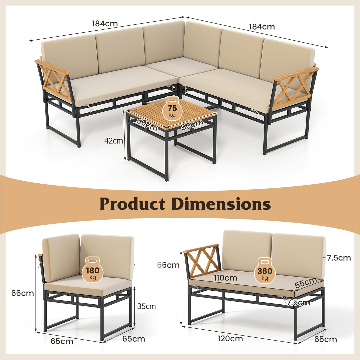 4 Piece Patio L-Shaped Sofa Set Acacia Wood Metal Sectional Sofa Set
