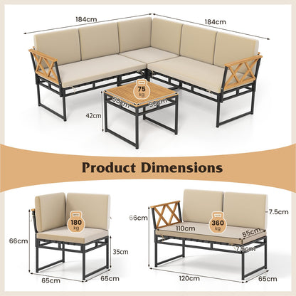 4 Piece Patio L-Shaped Sofa Set Acacia Wood Metal Sectional Sofa Set