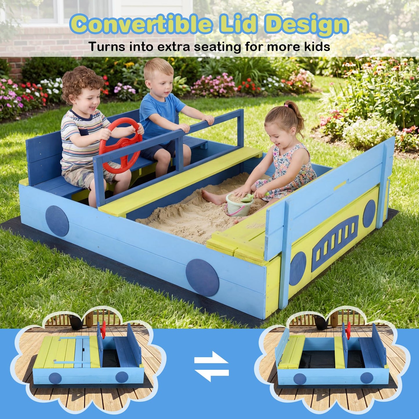 Sandpit Sandpit with Bench Folding Lid and Sandpit Liner Fir Wood Sandpit
