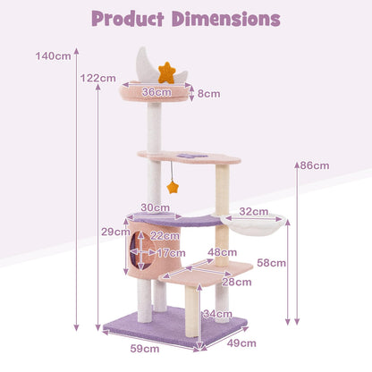 140cm Tall Multi-level Cat Climbing Tower with Sisal Covered Scratching Posts
