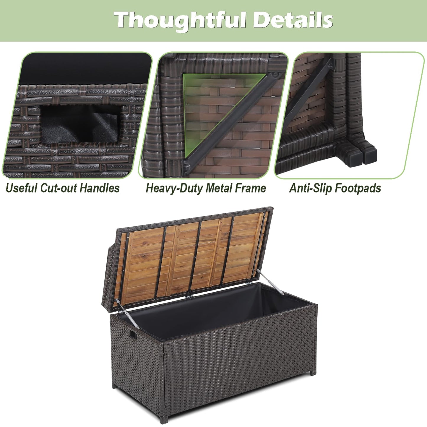 170L Waterproof PE Rattan Outdoor Storage Box with Acacia Wood Sit-on Lid