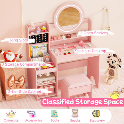 Kids Dressing Table, Girls Vanity Set with Lighted Mirror