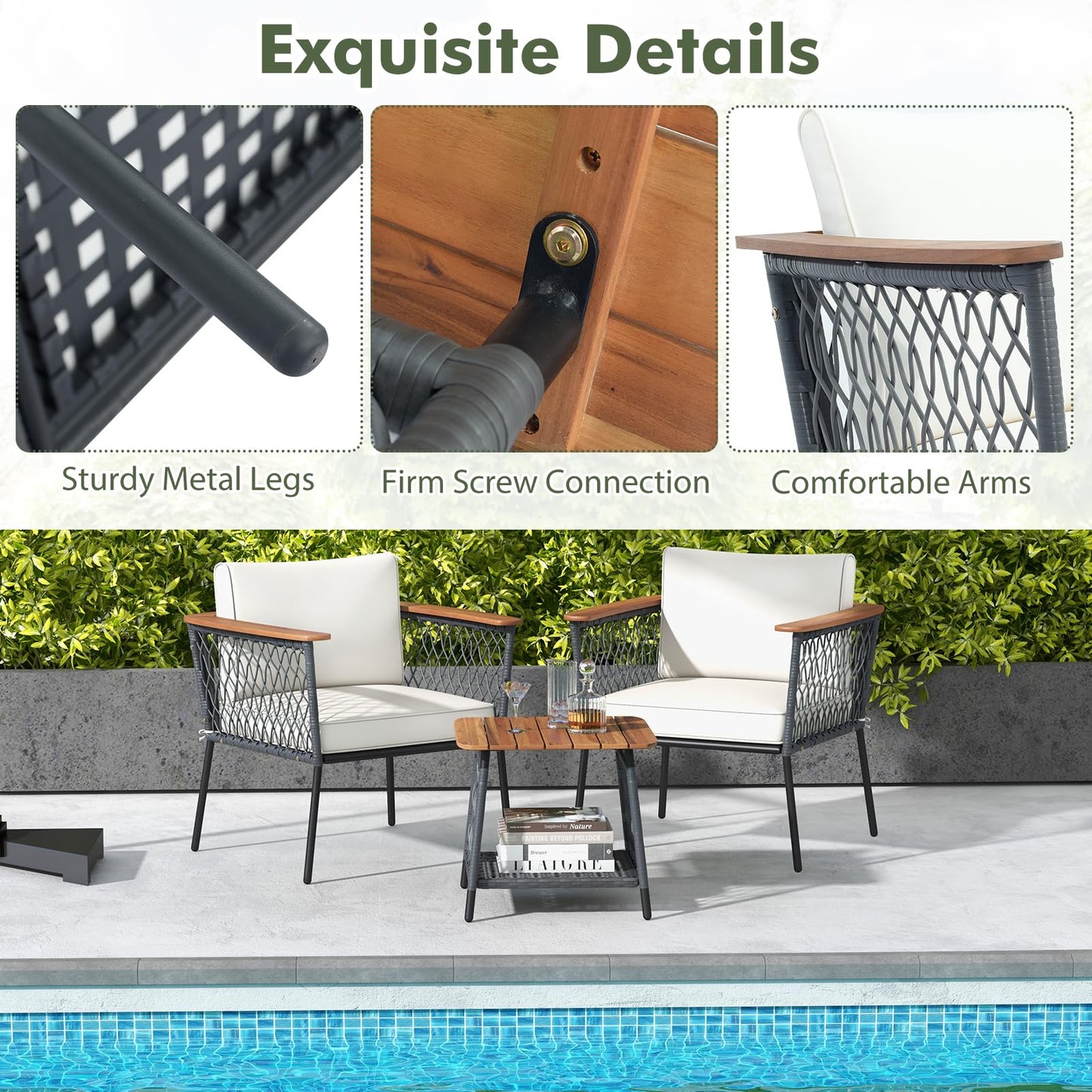 3 Piece Patio Furniture Set with Acacia Wood Armrests and Tabletop