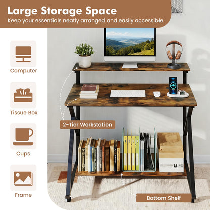 Mobile Computer Desk with Power Outlets Monitor Stand and Storage Shelf