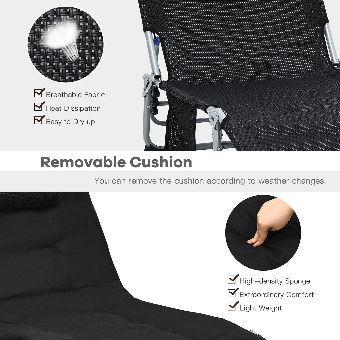 Adjustable Sun Lounger with Soft Mattress and Removable Pillow