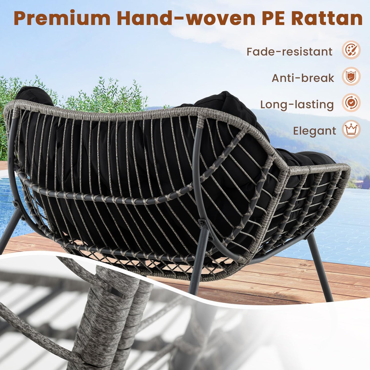 Oversized Patio Wicker Egg Chair with Thick and Removable Cushion