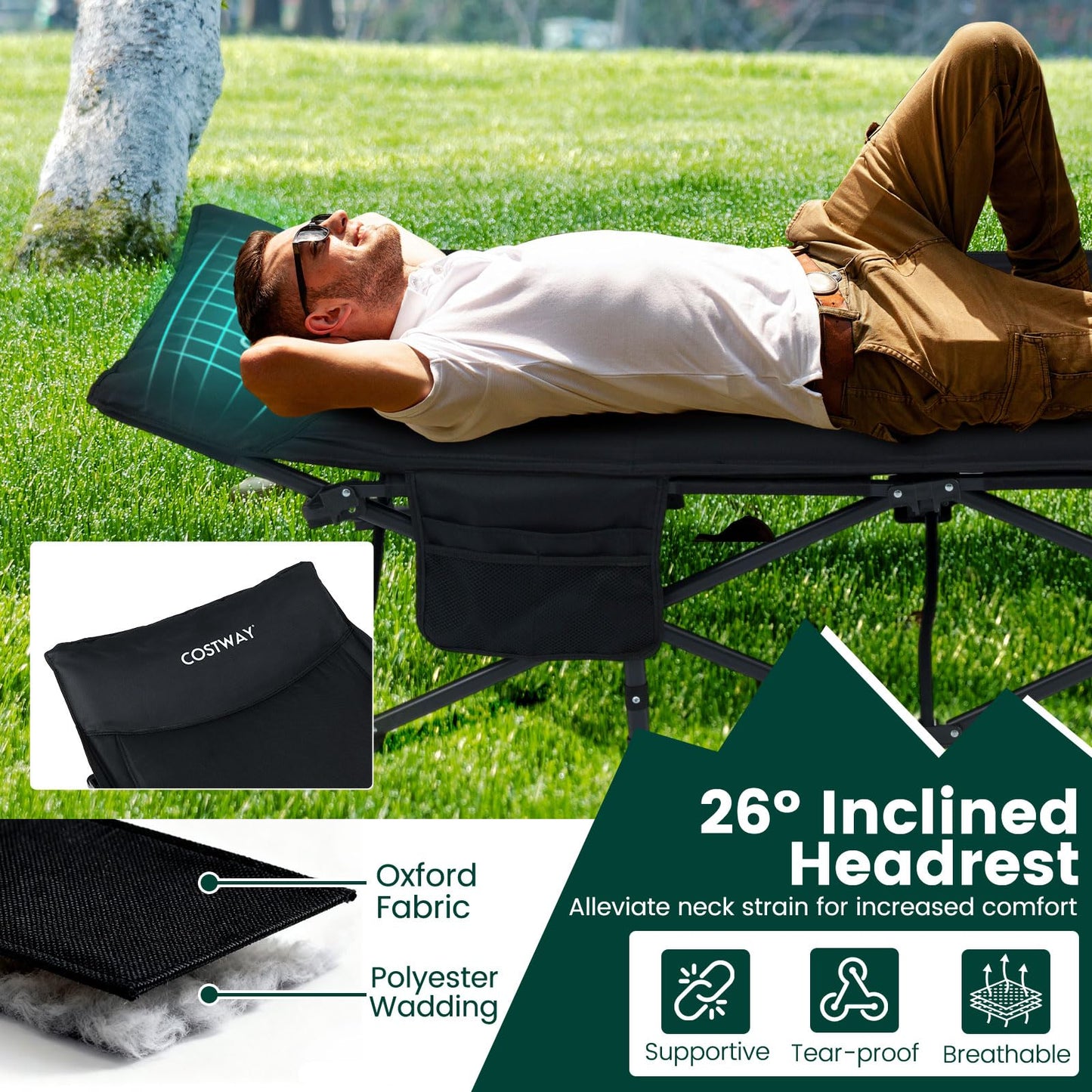 Foldable Camping Cot for Adults Heavy Duty Sleeping Bed with Slanted Headrest