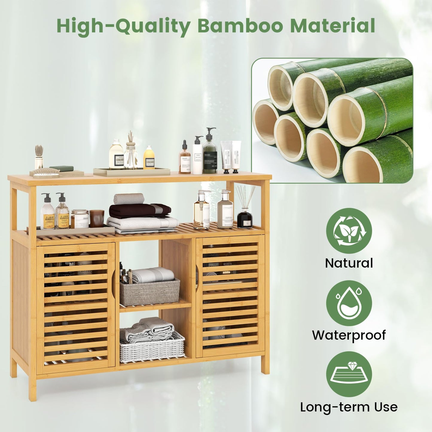Bamboo Bathroom Cabinet 2-Door Storage Organizer with Shelves