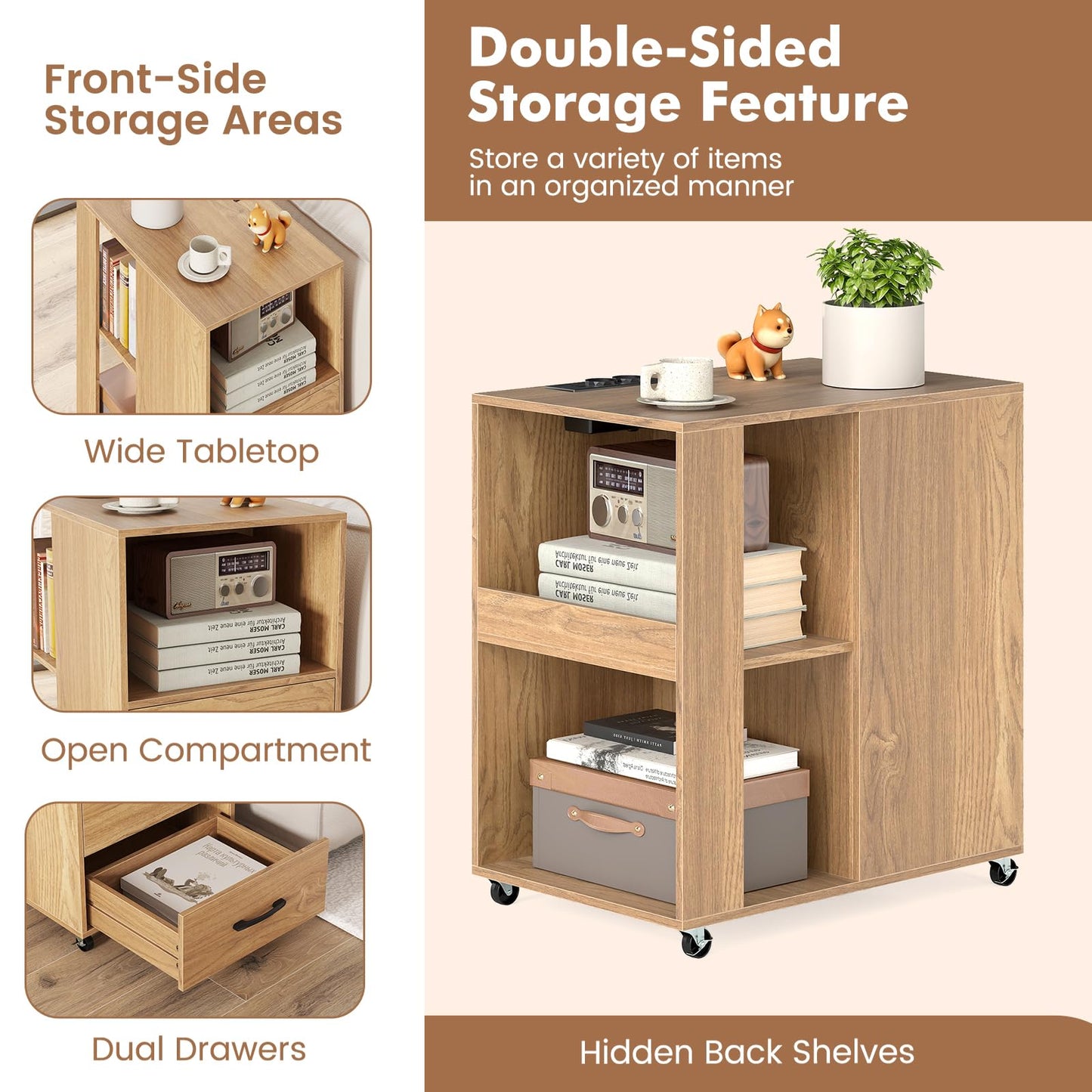 Bedside Table with Charging Station, Rolling Nightstand End Sofa Side Table