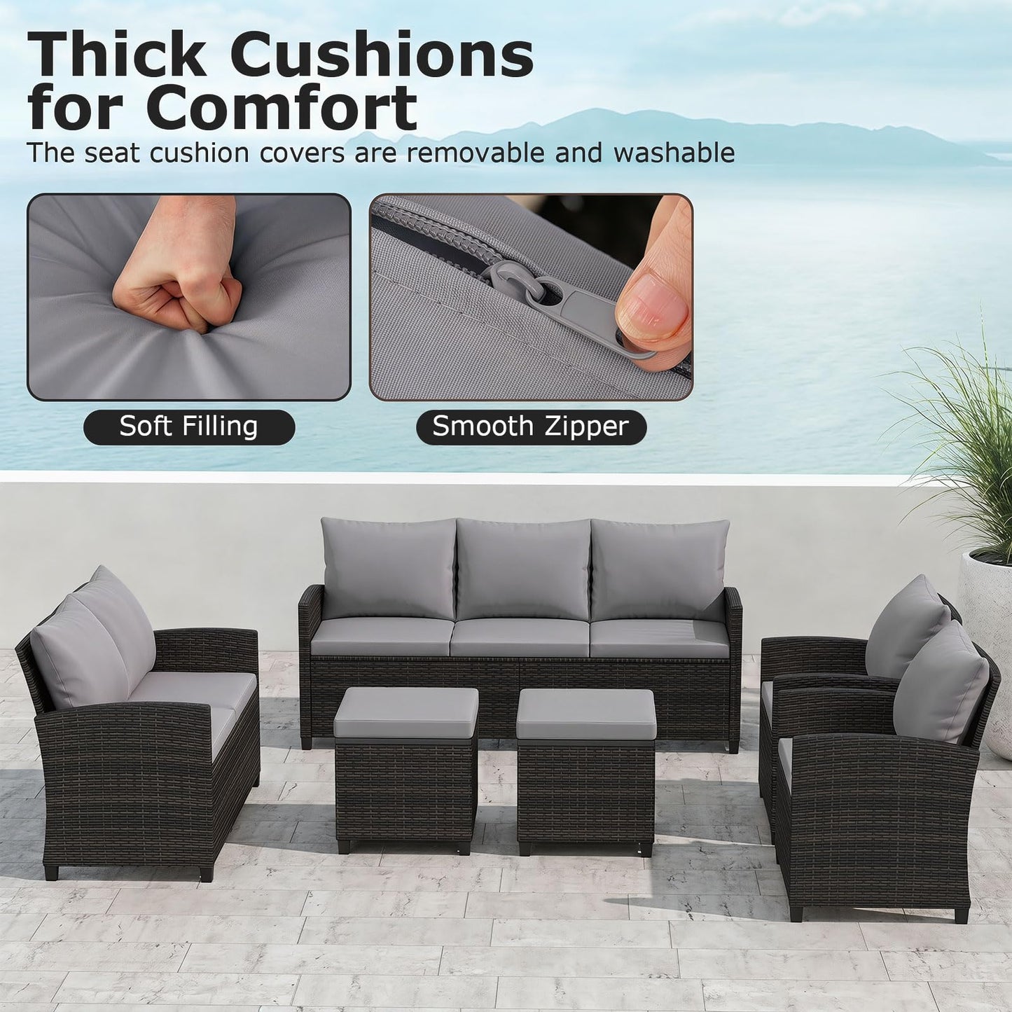9 Seater Rattan Garden Furniture Set, Patio Conversation Set with 3-Seat Sofa, Loveseat, 2 Chairs, 2 Footstools & Cushions