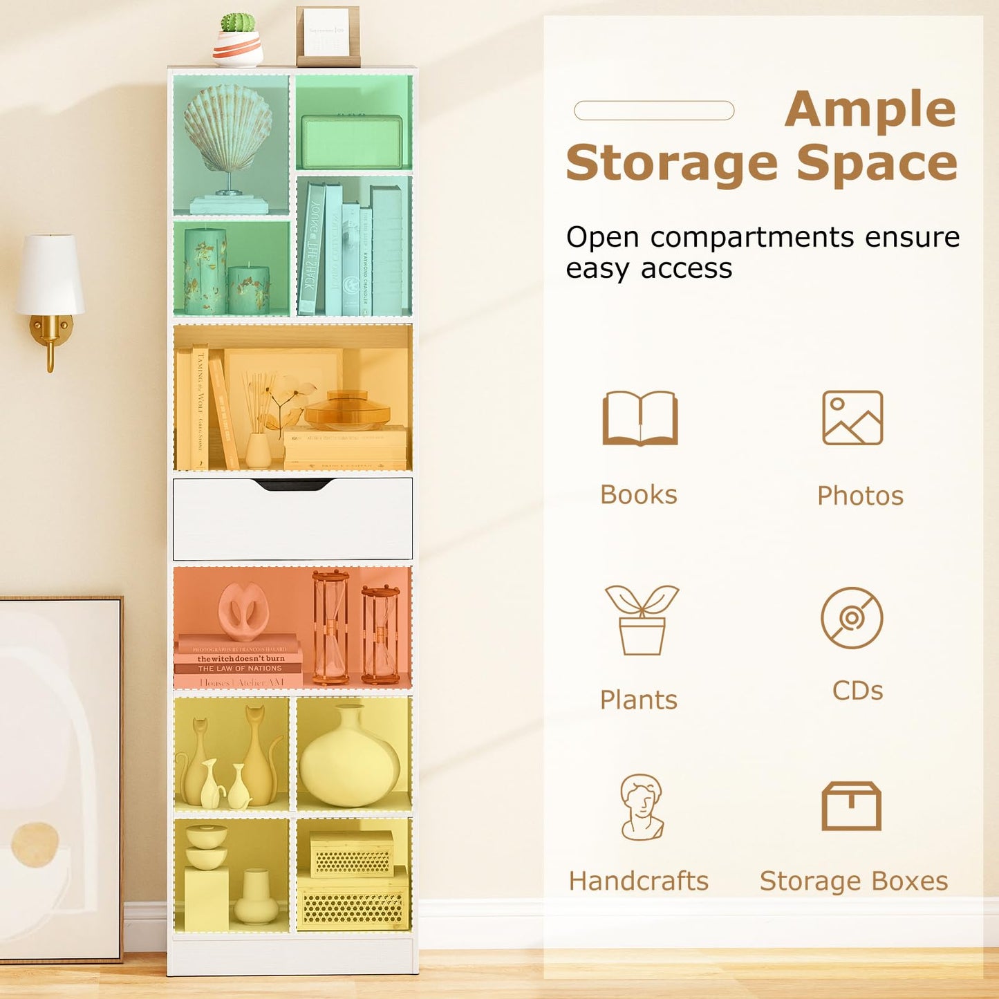 Tall Bookcase with Drawer, Open Cubes and Anti-toppling Kits, Floor Display Rack Storage Organizer