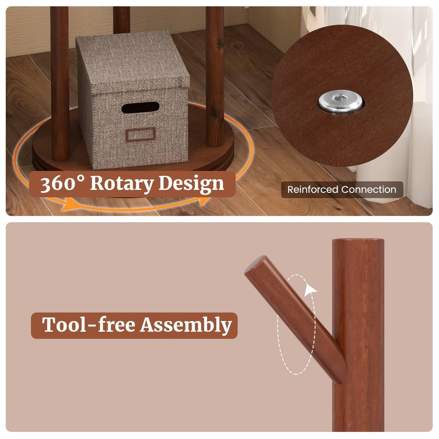 Freestanding Wooden Coat Rack Stand with 3 Display Storage Shelves and 9 Hooks
