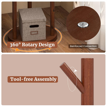 Freestanding Wooden Coat Rack Stand with 3 Display Storage Shelves and 9 Hooks