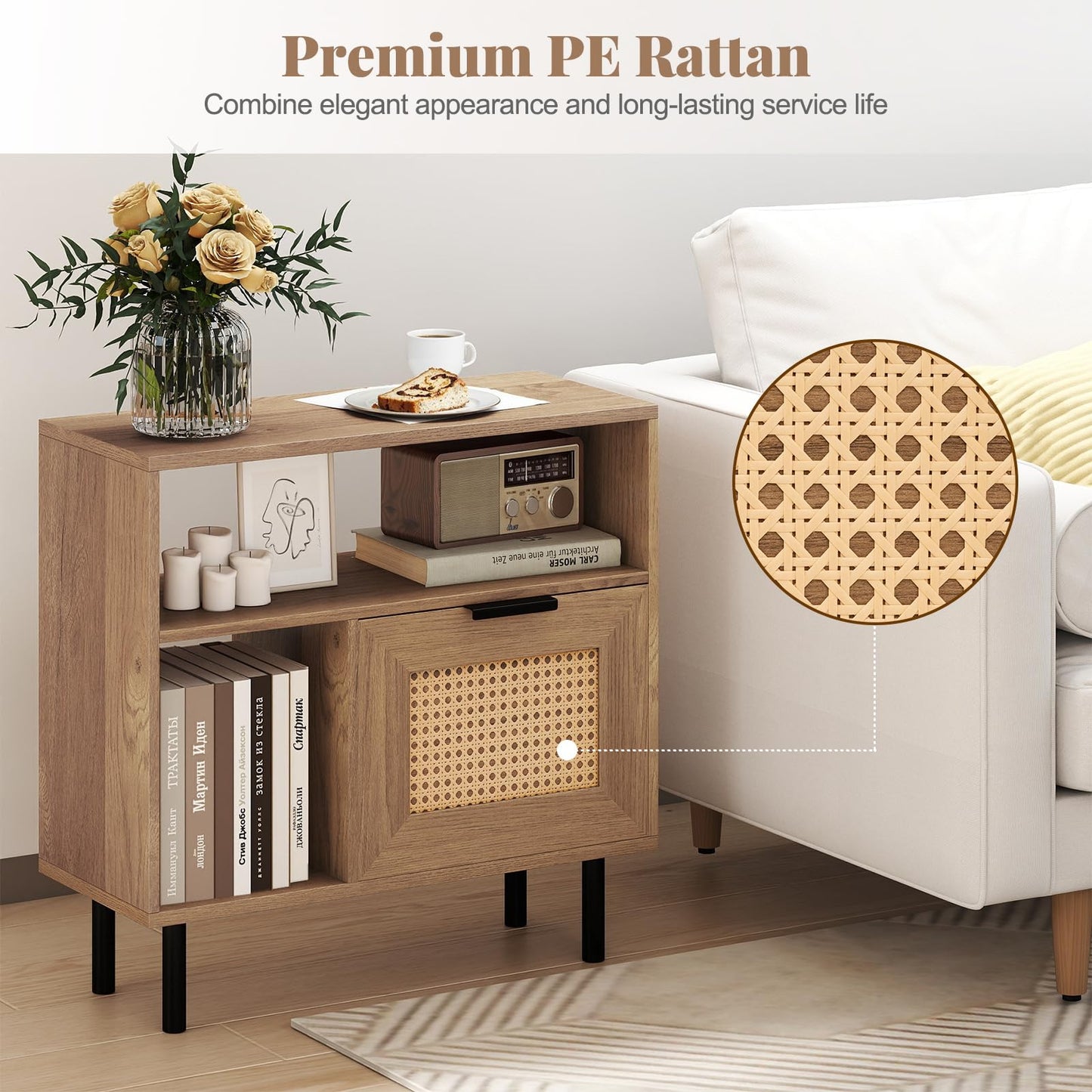 Boho Rattan Side End Table with Open Storage Shelf and Cabinet