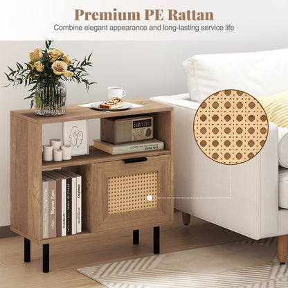 Boho Rattan Side End Table with Open Storage Shelf and Cabinet