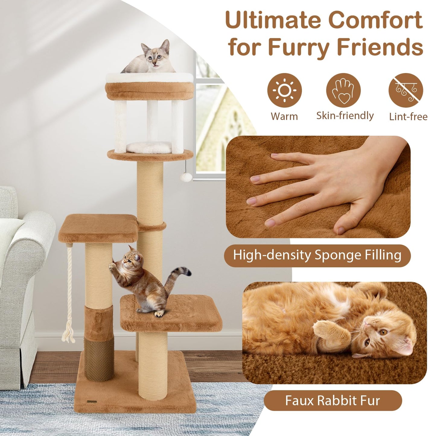 166 cm Tall Cat Tree with Self-groomer and Removable Cat Bed