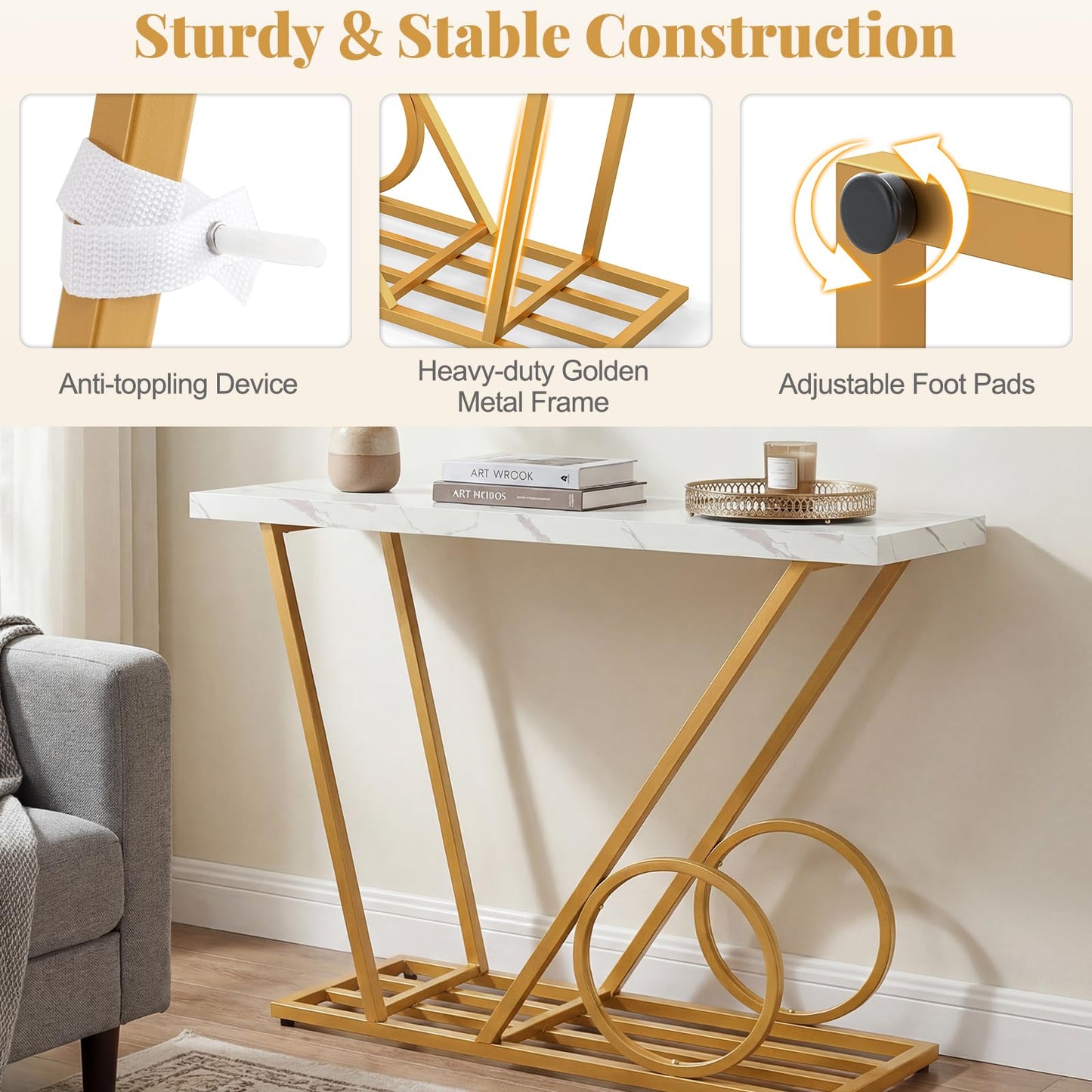 Console Table, 100cm Faux Marble Slim Entryway Table Hall Desk