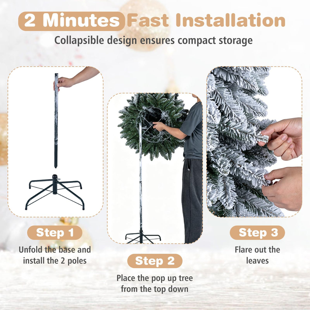 6FT Pop up Artificial Christmas Tree, Snow Flocked Xmas Tree
