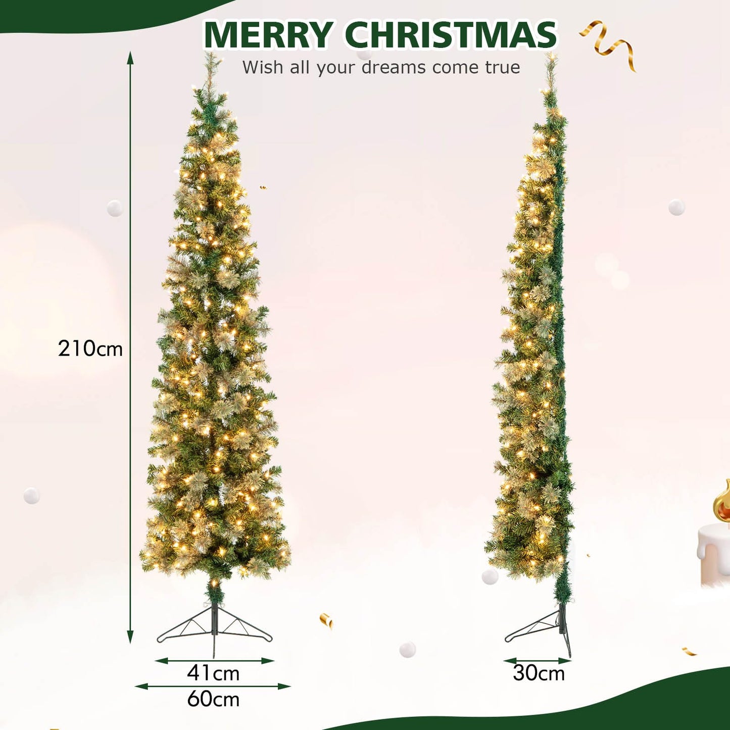 210cm Pre-Lit Half-Shape Christmas Tree with 403 Branch Tips and 150 LED Lights