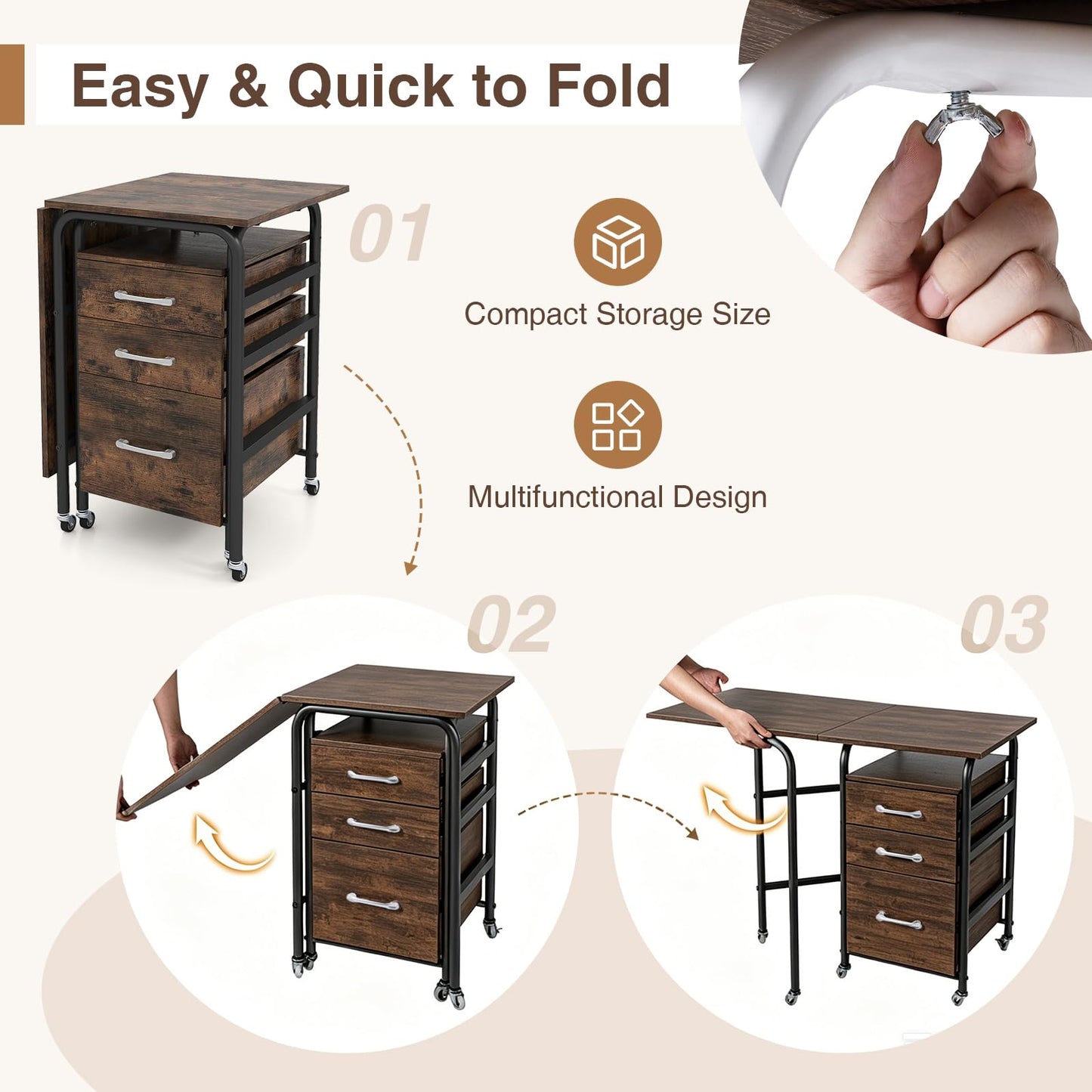 2-In-1 Folding Desk with 3 Drawers