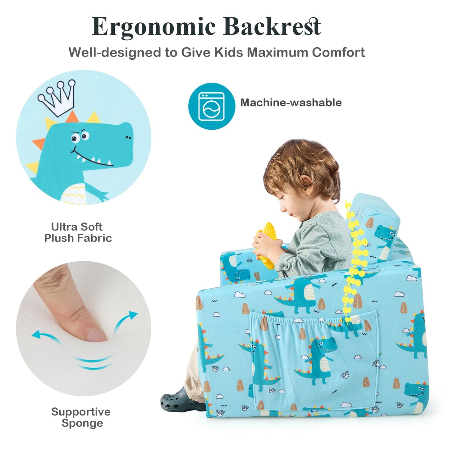 2-in-1 Toddler Sofa Fold-Out Couch Convertible with Side Pockets