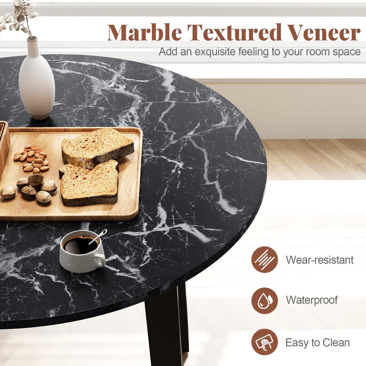 Round Dining Table with Rubber Wood Legs and Marble-textured Veneer Tabletop