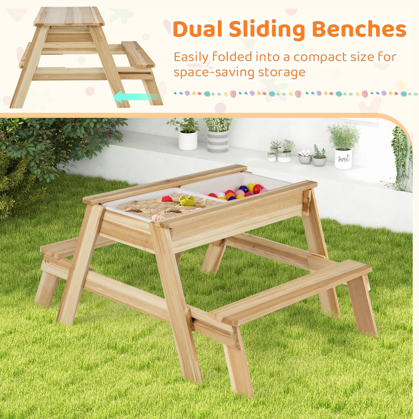 4 in 1 Wooden Table and Bench Set with Removable Top and 2 Storage Boxes