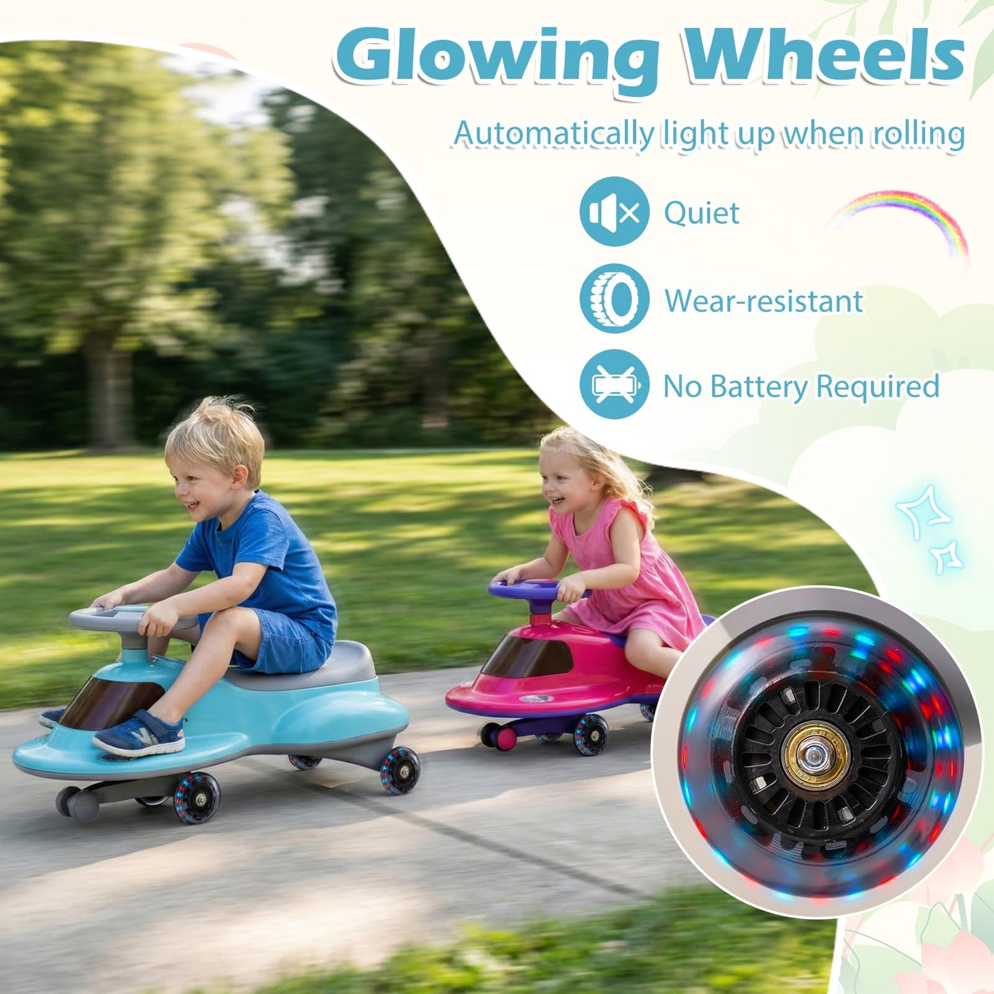 Ride on Wiggle Car, Sit On Swivel Scooter with Light up Wheels, Under-seat Storage