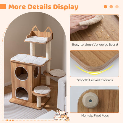Wooden Cat Tree, 122cm Tall Multi-Layer Cat Tower with Cute Top Perch