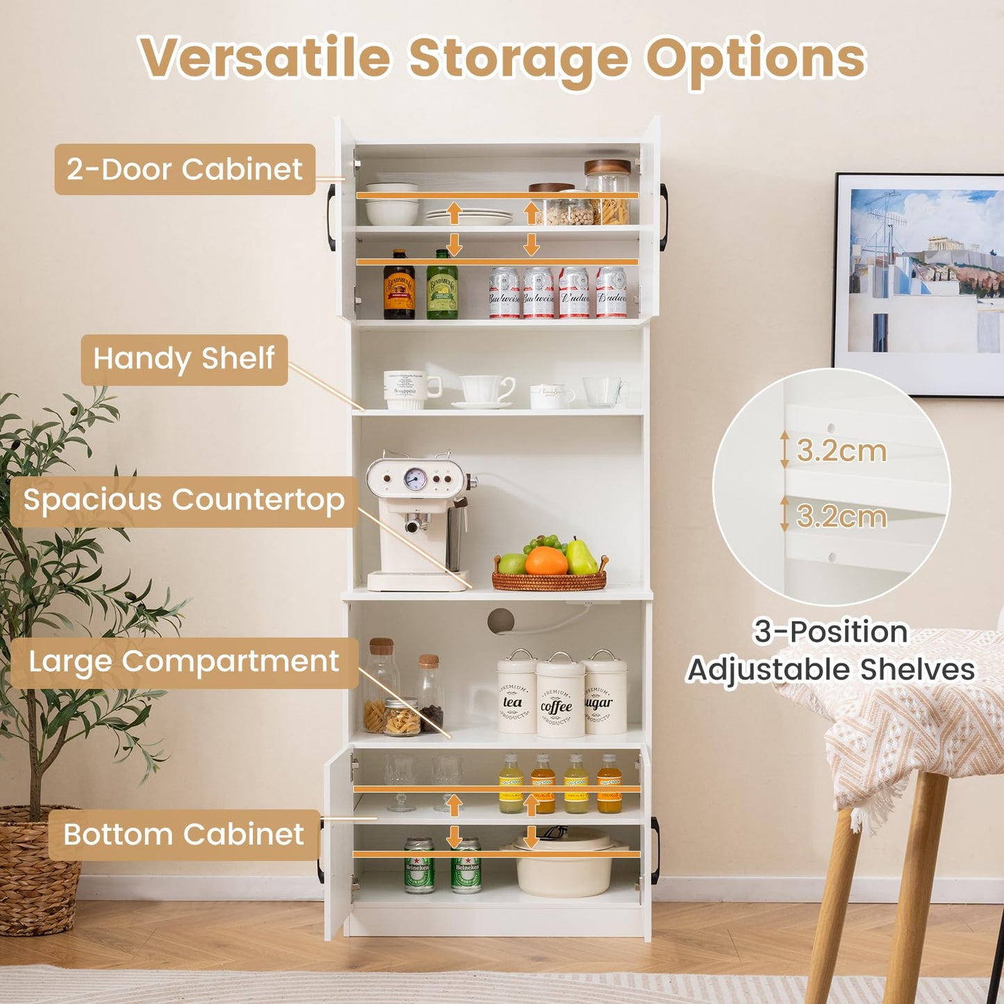 Pantry Cabinet with Power Outlets Freestanding Narrow Kitchen Hutch with 4 Doors