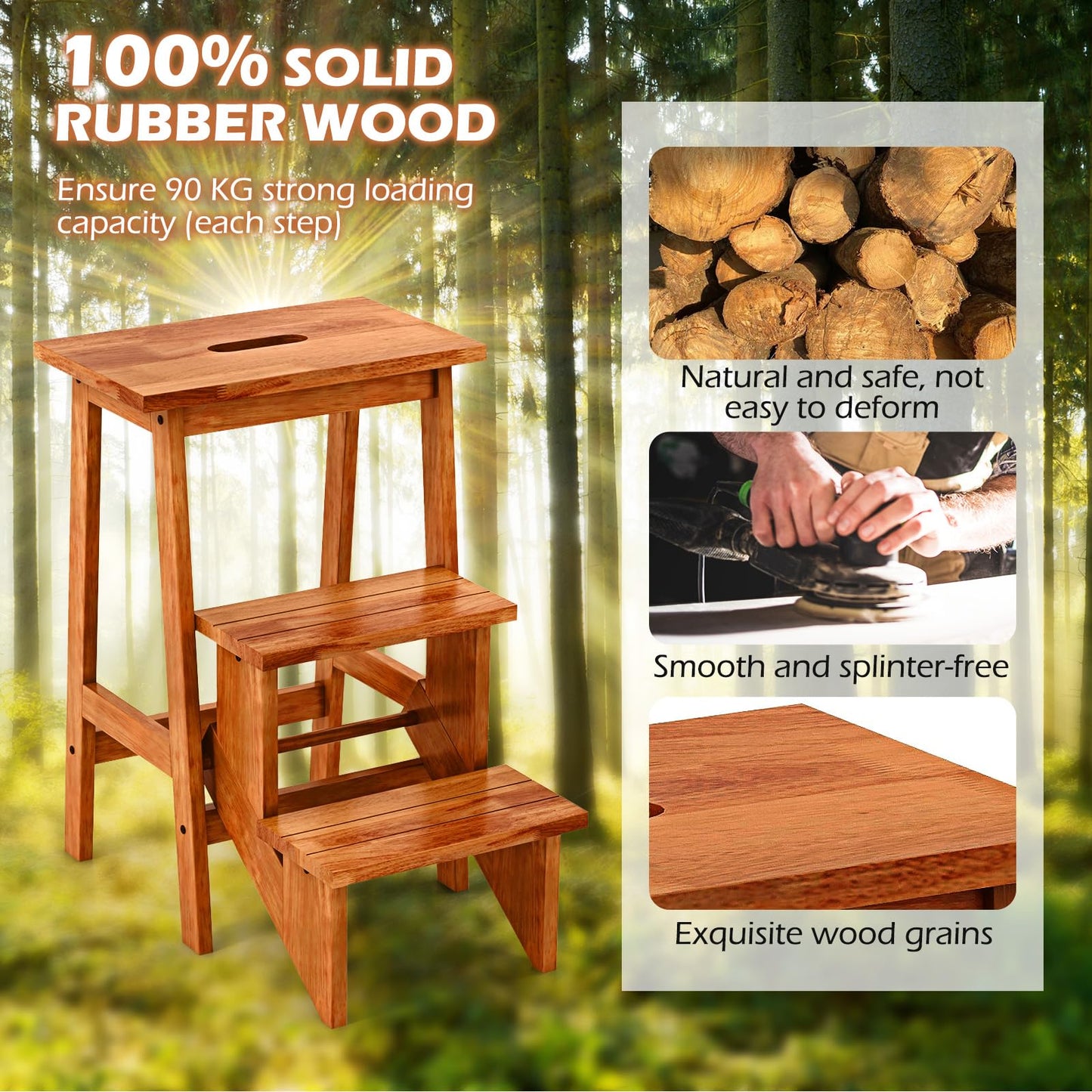 3 Tier Folding Step Stool Rubber Wood Ladder Chair with Handle