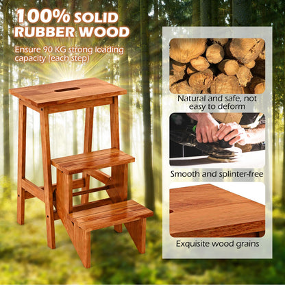 3 Tier Folding Step Stool Rubber Wood Ladder Chair with Handle