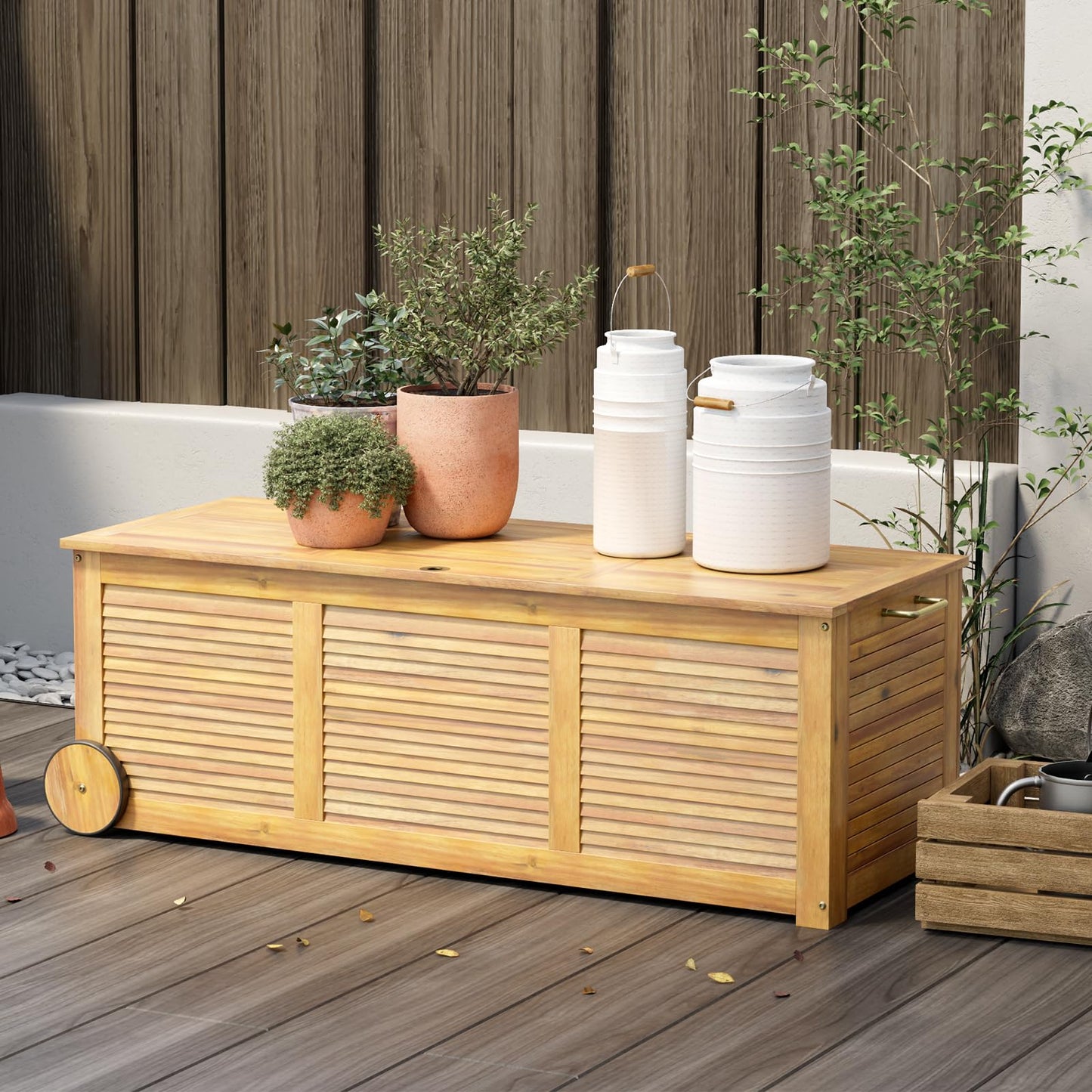 180L Acacia Wood Deck Boxes with Wheels and Waterproof Cover