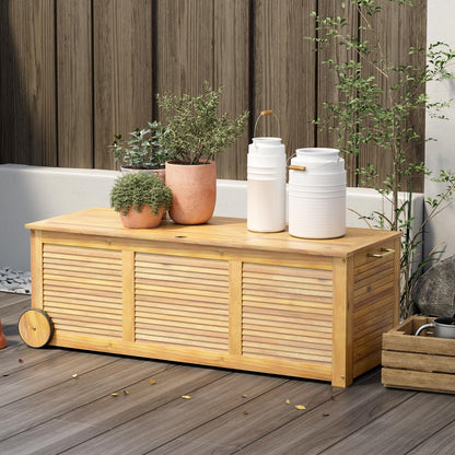 180L Acacia Wood Deck Boxes with Wheels and Waterproof Cover