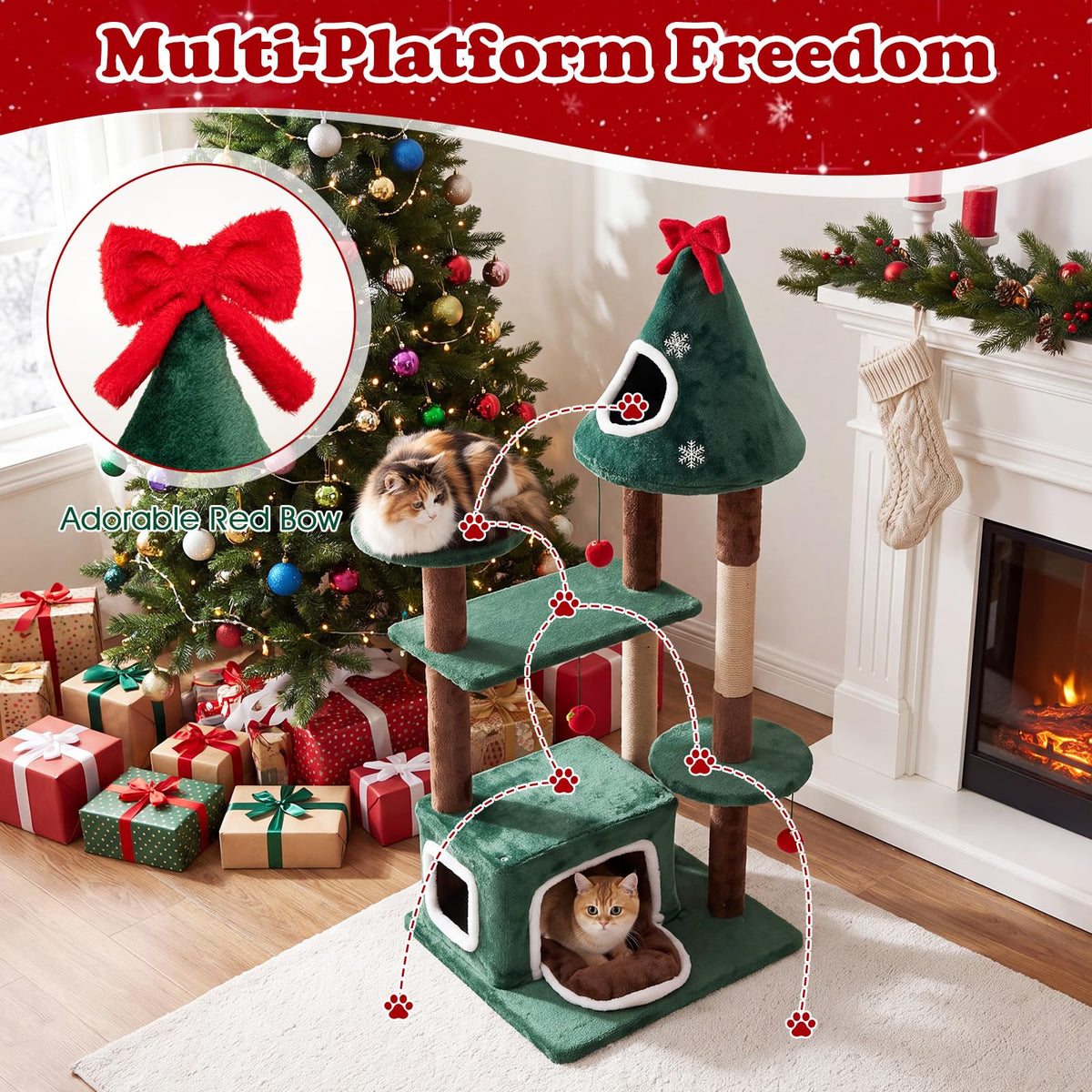 137 cm Christmas Cat Tree with 2 Condos & Removable Cushion