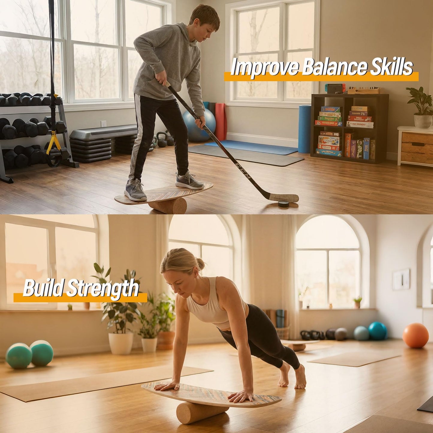 Wooden Balance Board, Surfing Skate Balance Trainer with Roller
