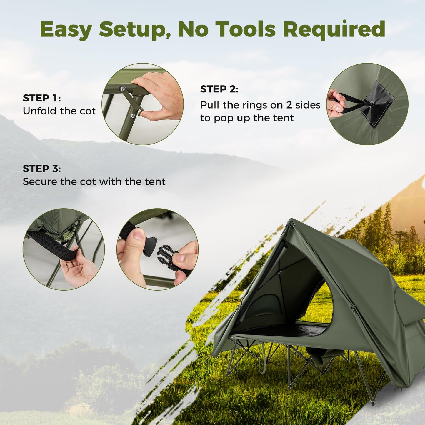 2-Person Foldable Off-Ground Camping Cot Tent with Wheeled Bag