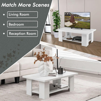 2-Tier Wooden Coffee Table with Storage Shelf and 5 Support Legs