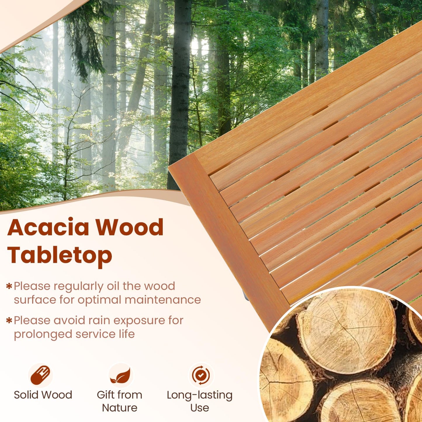 8-Seater 2m Acacia Wood Picnic Table with Slat Tabletop