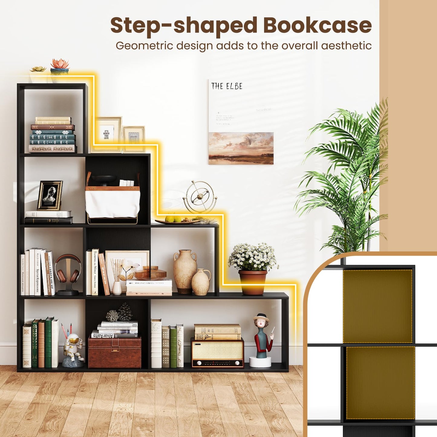 4-Tier Stepped Bookshelf Modern Ladder Bookcase with 6 Storage Cubes