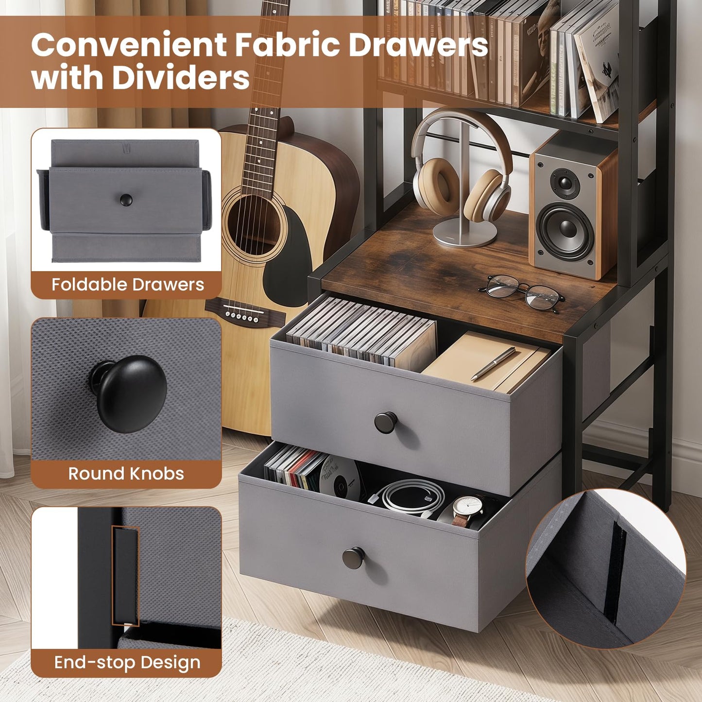 CD Storage Rack with Drawers, 5-Tier DVD Shelf Unit Vinyl Holder