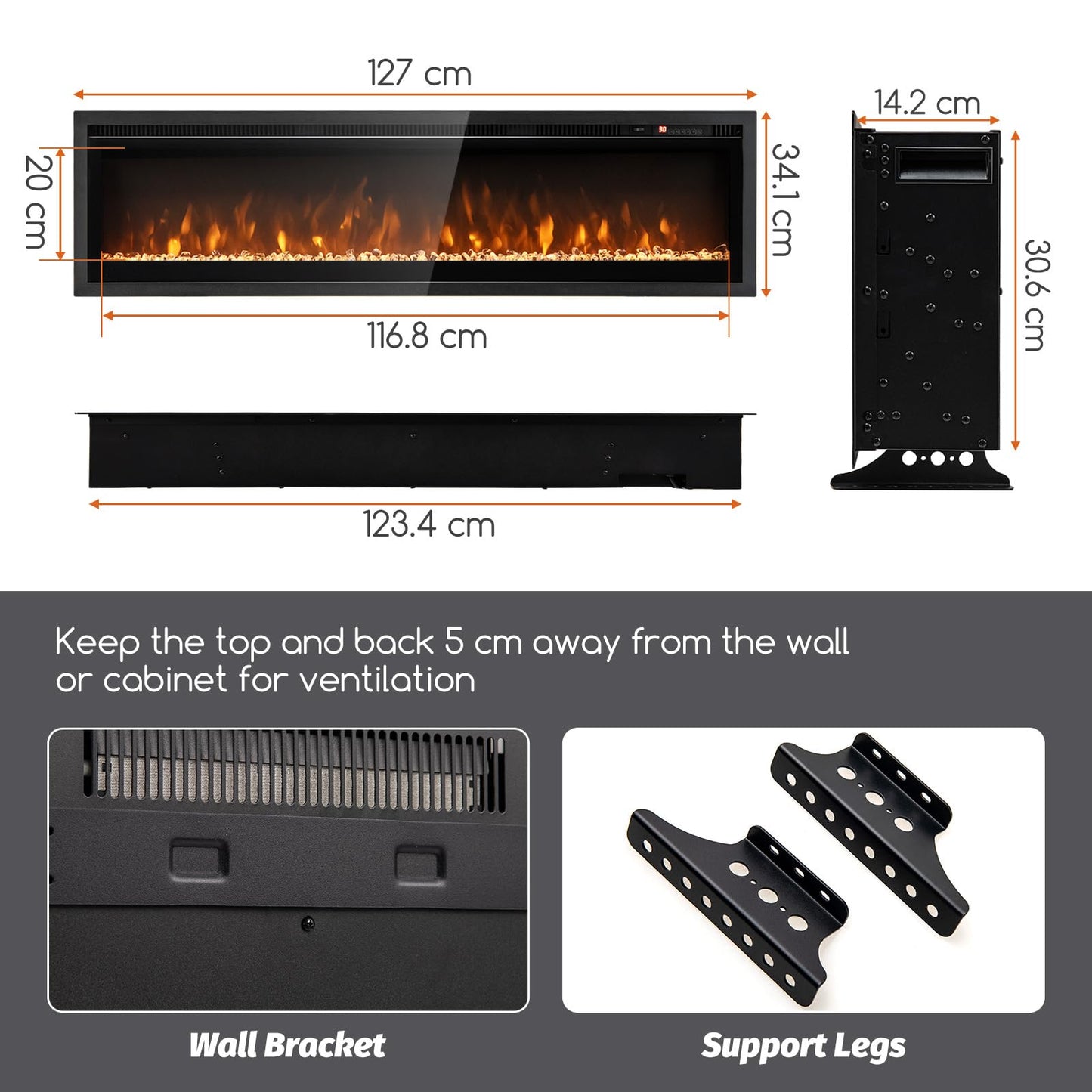 GiantexUK Electric Fireplace, Freestanding Wall Mounted Recessed Electric Fire Heater with 12 Flame Colors