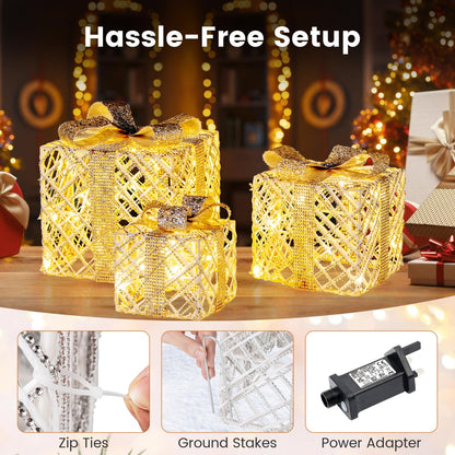 Set of 3 Christmas Lighted Gift Boxes with Bows and Ground Stakes