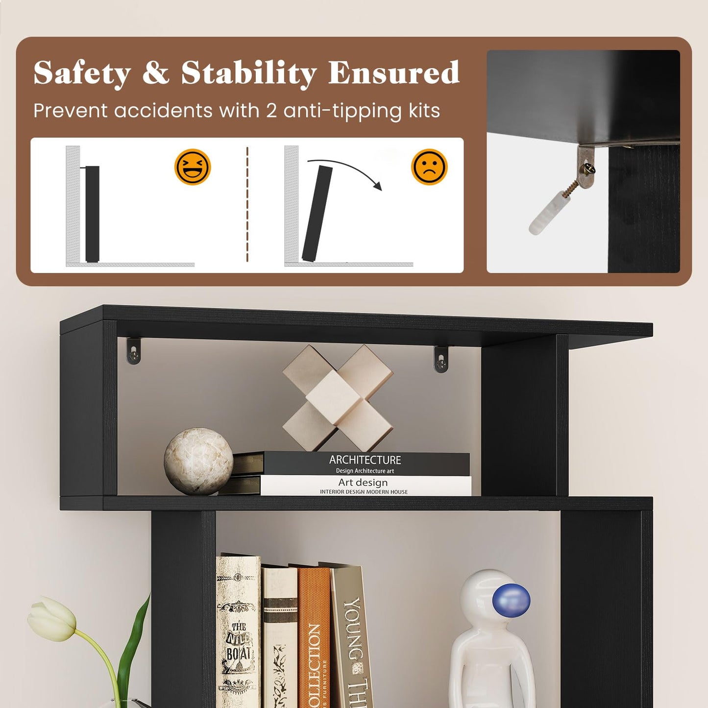 6-Tier Bookshelf with 2 Anti-Tipping Kits for Home Office