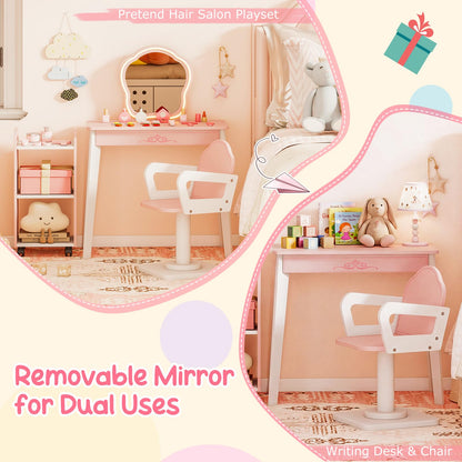Kids Hair Salon Play Set with LED Lighted Mirror Wooden Pretend Hair Salon Station
