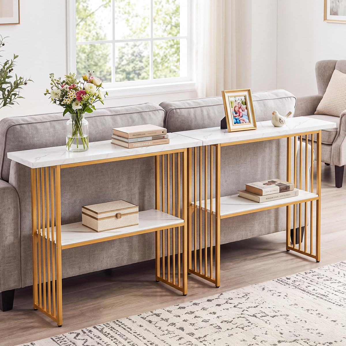 2-Tier Console Table, Faux Marble Slim Entryway Table