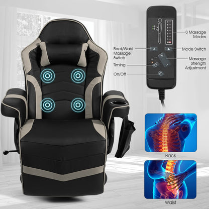 Height Adjustable Swivel Racing Video Massage Gaming Chair with Retractable Footrest