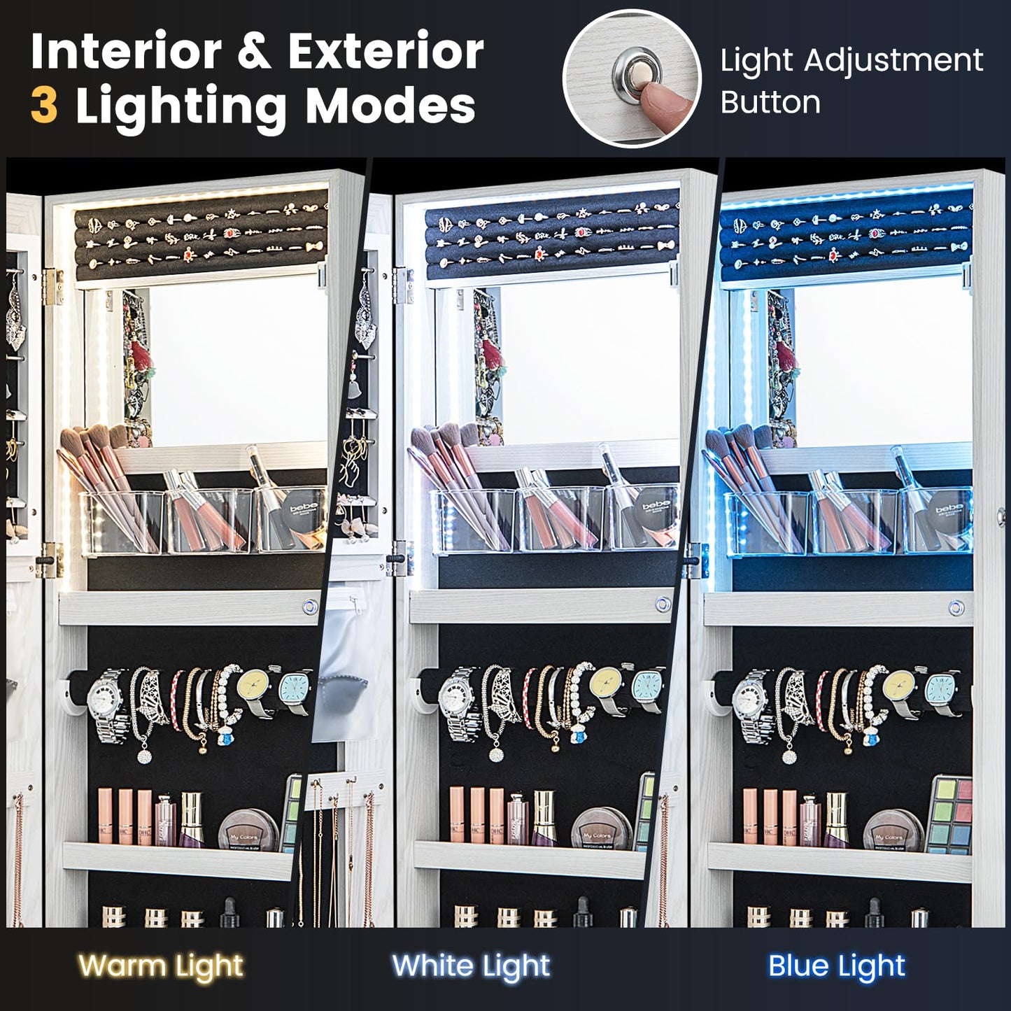 108cm Lockable Jewelry Mirror Cabinet with 3-Color LED Lights