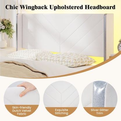 5FT King Size Bed Frame with RGB LED Lights, Velvet Upholstered Platform Beds