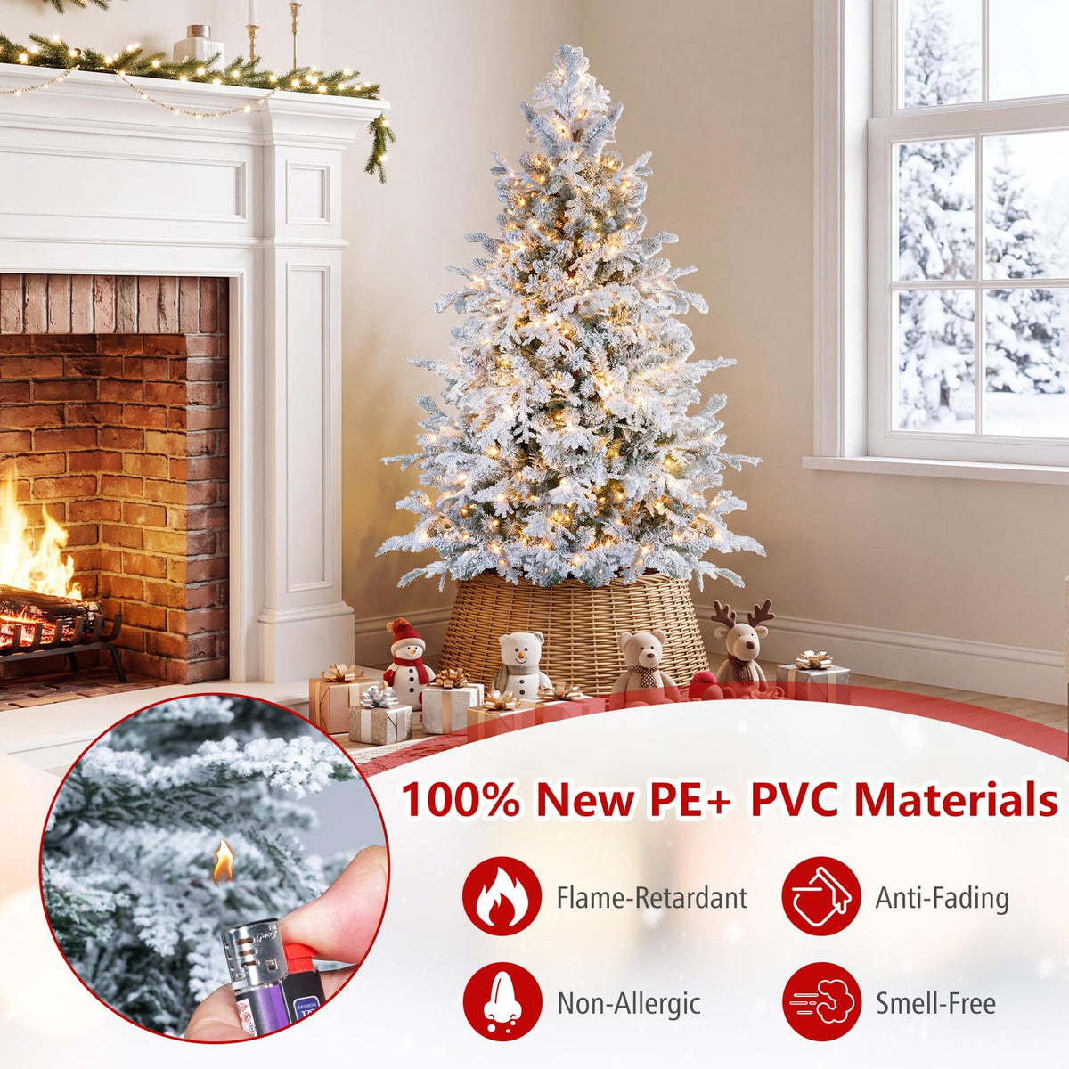 5/6FT Pre-lit Artificial Christmas Tree, Snow Flocked Full Xmas Tree